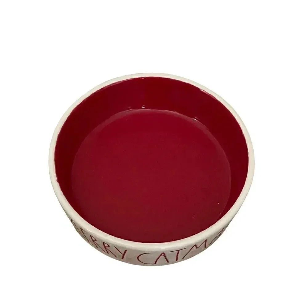 Rae Dunn Merry Catmas Pet Food Bowl Matte cream and red  ceramic - Picture 2 of 4